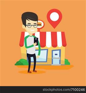 Asian man holding smartphone with mobile application for looking for a restaurant. Young man using smartphone application for searching of restaurant. Vector flat design illustration. Square layout.. Man looking for restaurant in his smartphone.