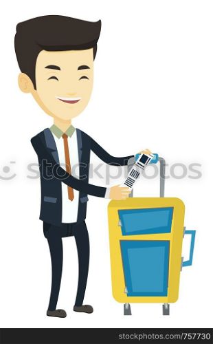 Asian man holding travel insurance tag. Business class passenger standing near suitcase with priority luggage tag. Man showing luggage tag. Vector flat design illustration isolated on white background. Asian business man showing luggage tag.