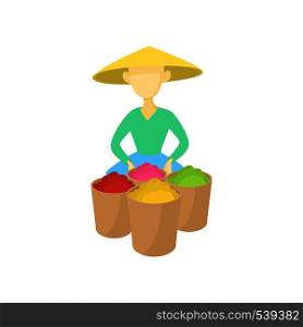 Asian man in a conical hat sells fruit icon in cartoon style on a white background. Asian man in a conical hat sells fruit icon