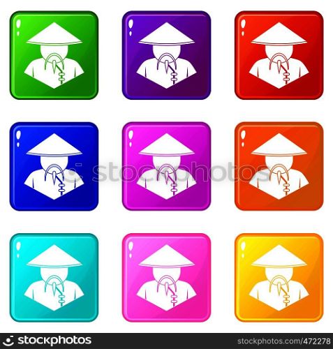 Asian man in conical hat icons of 9 color set isolated vector illustration. Asian man in conical hat icons 9 set