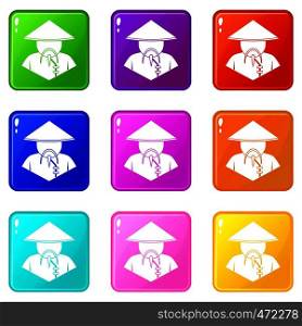 Asian man in conical hat icons of 9 color set isolated vector illustration. Asian man in conical hat icons 9 set