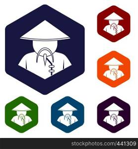 Asian man in conical hat icons set hexagon isolated vector illustration. Asian man in conical hat icons set hexagon