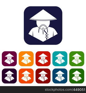 Asian man in conical hat icons set vector illustration in flat style In colors red, blue, green and other. Asian man in conical hat icons set flat