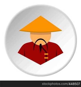 Asian man in conical, straw hat icon in flat circle isolated vector illustration for web. Asian man in conical, straw hat icon