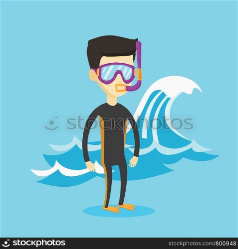 Asian man in diving suit, flippers, mask and tube standing on the background of a big sea wave. Man enjoying snorkeling. Diver ready for snorkeling. Vector flat design illustration. Square layout.. Young scuba diver vector illustration.