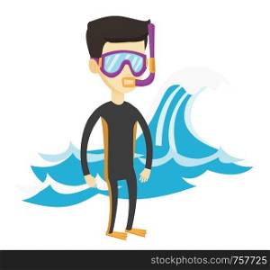 Asian man in diving suit, flippers, mask and tube standing on the background of wave. Man enjoying snorkeling. Diver ready for snorkeling. Vector flat design illustration isolated on white background.. Young scuba diver vector illustration.