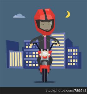 Asian man in helmet riding a motorcycle on the background of night city. Man driving a motorcycle on a city road. Happy man riding a motorcycle at night. Vector flat design illustration. Square layout. Young man riding motorcycle at night.
