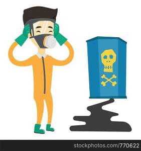 Asian man in respirator and radiation protective suit clutching head. Man in radiation suit looking at leaking barrel with radiation sign. Vector flat design illustration isolated on white background.. Concerned man in radiation protective suit.