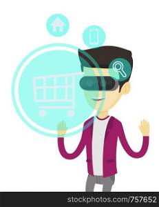 Asian man in virtual reality headset looking at shopping cart icon. Man doing online shopping. Virtual reality and shopping online concept. Vector flat design illustration isolated on white background. Man in virtual reality headset shopping online.