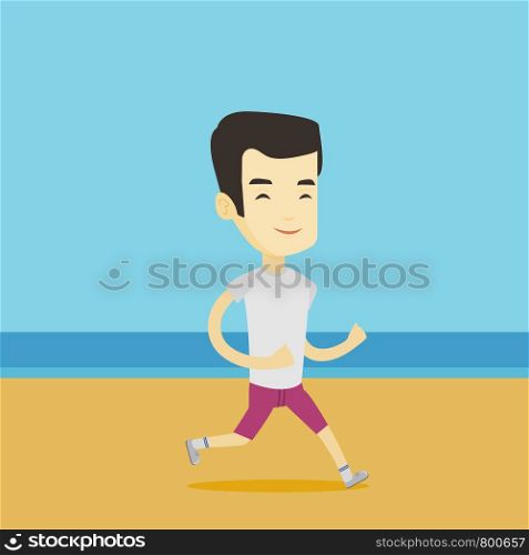 Asian man jogging on the beach. Sporty male athlete running on the beach. Young man running along the seashore. Fit man enjoying jogging on beach. Vector flat design illustration. Square layout.. Young sporty man jogging on the beach.
