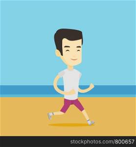 Asian man jogging on the beach. Sporty male athlete running on the beach. Young man running along the seashore. Fit man enjoying jogging on beach. Vector flat design illustration. Square layout.. Young sporty man jogging on the beach.