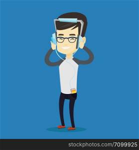 Asian man listening to music on his smartphone. Young man in headphones listening to music. Relaxed man with his eyes closed enjoying music. Vector flat design illustration. Square layout.. Young man in headphones listening to music.