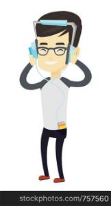 Asian man listening to music on smartphone. Young man in headphones listening to music. Relaxed man with his eyes closed enjoying music. Vector flat design illustration isolated on white background.. Young man in headphones listening to music.