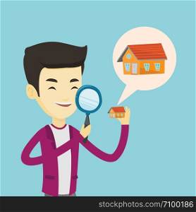 Asian man looking for a new house in real estate market. Young smiling man using a magnifying glass for seeking a new house in real estate market. Vector flat design illustration. Square layout.. Man looking for house vector illustration.