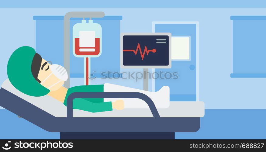 Asian man lying in bed at hospital ward. Patient in oxygen mask lying in hospital ward with heart rate monitor and equipment for blood transfusion. Vector flat design illustration. Horizontal layout.. Patient lying in hospital bed with heart monitor.