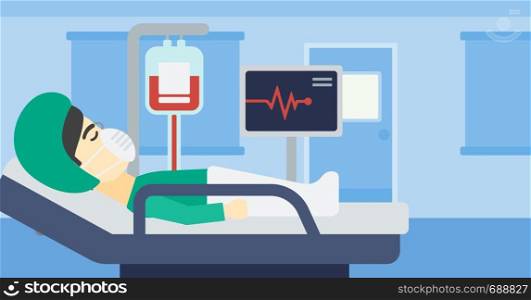Asian man lying in bed at hospital ward. Patient in oxygen mask lying in hospital ward with heart rate monitor and equipment for blood transfusion. Vector flat design illustration. Horizontal layout.. Patient lying in hospital bed with heart monitor.