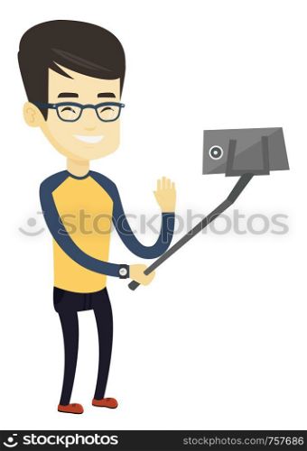 Asian man making selfie with a selfie-stick. Smiling man taking photo with cellphone. Young man taking selfie and waving his hand. Vector flat design illustration isolated on white background.. Man making selfie vector illustration.