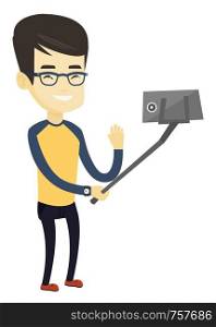 Asian man making selfie with a selfie-stick. Smiling man taking photo with cellphone. Young man taking selfie and waving his hand. Vector flat design illustration isolated on white background.. Man making selfie vector illustration.