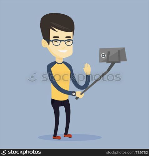 Asian man making selfie with a selfie-stick. Smiling man taking photo with cellphone. Young man taking selfie and waving his hand. Vector flat design illustration. Square layout.. Man making selfie vector illustration.