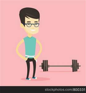 Asian man measuring waistline with a tape. Man measuring with tape the waistline. Happy man with centimeter on a waistline standing near a barbell. Vector flat design illustration. Square layout.. Man measuring waist vector illustration.