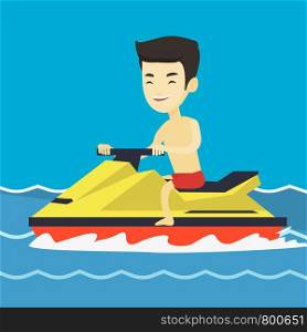 Asian man on jet ski in the sea at summer sunny day. Young man on a water scooter. Man riding on a water scooter. Excited man training on a jet ski. Vector flat design illustration. Square layout.. Asian man training on jet ski in the sea.