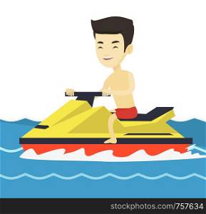Asian man on water scooter in the sea at summer sunny day. Young sportsman sitting on a water scooter. Man training on a water scooter. Vector flat design illustration isolated on white background.. Asian man training on jet ski in the sea.