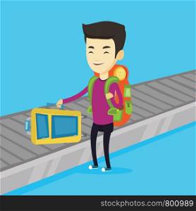 Asian man picking up suitcase on luggage conveyor belt at airport. Man collecting her luggage at conveyor belt. Man taking luggage at conveyor belt. Vector flat design illustration. Square layout.. Man picking up suitcase on luggage conveyor belt