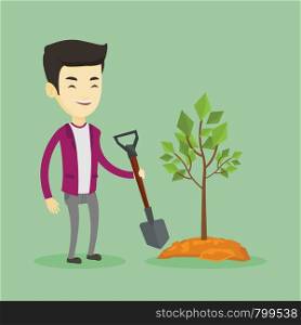 Asian man plants a small tree. Cheerful man standing with shovel near newly planted tree. Young man gardening. Concept of environmental protection. Vector flat design illustration. Square layout.. Man plants tree vector illustration.