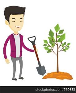 Asian man plants a small tree. Man standing with shovel near newly planted tree. Young man gardening. Concept of environmental protection. Vector flat design illustration isolated on white background.. Man plants tree vector illustration.