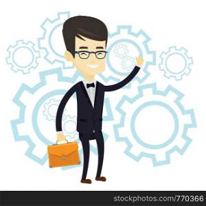 Asian man pointing finger up because he came up with business idea. Man having creative business idea. Successful business idea concept. Vector flat design illustration isolated on white background.. Successful business idea vector illustration.