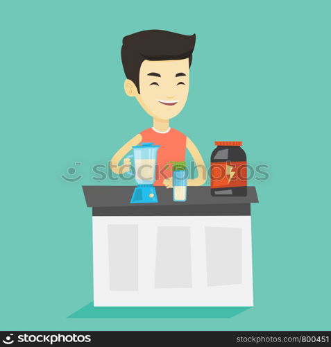 Asian man preparing protein cocktail of bodybuilding food supplements. Sportsman making protein shake using blender. Young man cooking protein cocktail. Vector flat design illustration. Square layout.. Young man making protein cocktail.