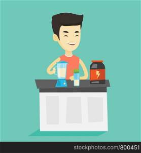 Asian man preparing protein cocktail of bodybuilding food supplements. Sportsman making protein shake using blender. Young man cooking protein cocktail. Vector flat design illustration. Square layout.. Young man making protein cocktail.