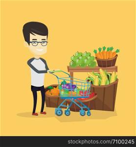 Asian man pushing supermarket cart with some healthy products in it. Man shopping at supermarket with cart. Man buying healthy products in supermarket. Vector flat design illustration. Square layout.. Customer with shopping cart vector illustration.