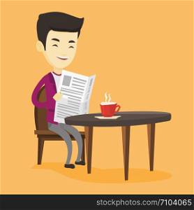 Asian man reading newspaper in a cafe. Young man reading the news in newspaper. Man sitting with newspaper in hands and drinking coffee. Vector flat design illustration. Square layout.. Man reading newspaper and drinking coffee.