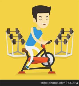 Asian man riding stationary bicycle in the gym. Sporty man exercising on stationary training bicycle. Young smiling man training on exercise bicycle. Vector flat design illustration. Square layout.. Young man riding stationary bicycle.
