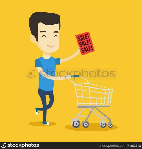 Asian man running on big sale. Young man holding paper sheet with sale text. Man with empty shopping trolley running in a hurry to the store on sale. Vector flat design illustration. Square layout.. Man running in a hurry to the store on sale.