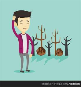 Asian man scratching head on the background of dead forest. Dead forest caused by global warming or wildfire. Concept of environmental destruction. Vector flat design illustration. Square layout.. Forest destroyed by fire or global warming.