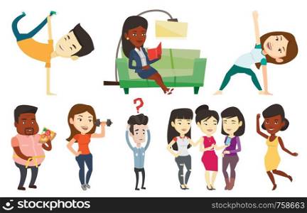 Asian man showing his skills in break dance. Happy breakdance dancer doing handstand. Young man dancing. Strong man breakdancing. Set of vector flat design illustrations isolated on white background.. Vector set of sport characters.