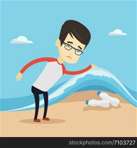 Asian man showing plastic bottles under water of sea. Young man collecting plastic bottles from water. Water pollution and plastic pollution concept. Vector flat design illustration. Square layout.. Man showing plastic bottles under sea wave.