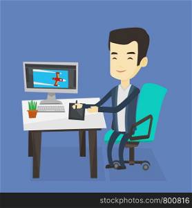 Asian man sitting at desk and drawing on graphics tablet. Graphic designer using a digital graphics tablet, computer and pen. Graphic designer at work. Vector flat design illustration. Square layout.. Designer using digital graphics tablet.