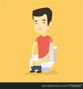 Asian man sitting on toilet bowl and suffering from diarrhea. Young man holding toilet paper roll and suffering from diarrhea. Man sick with diarrhea. Vector flat design illustration. Square layout.. Man suffering from diarrhea or constipation.