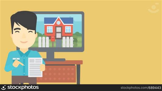 Asian man standing in front of tv screen with house photo on it and pointing at a real estate contract. Concept of signing of real estate contract. Vector flat design illustration. Horizontal layout.. Real estate agent offering house.