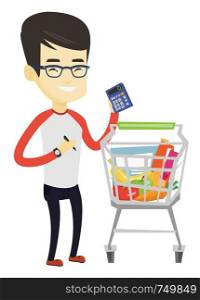 Asian man standing near supermarket trolley with calculator in hand. Man checking prices on calculator. Customer counting on calculator. Vector flat design illustration isolated on white background.. Asian customer counting on calculator.