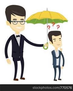 Asian man standing under umbrella and question marks. Insurance agent holding umbrella over young man. Concept of insurance in business. Vector flat design illustration isolated on white background.. Businessman holding umbrella over man.