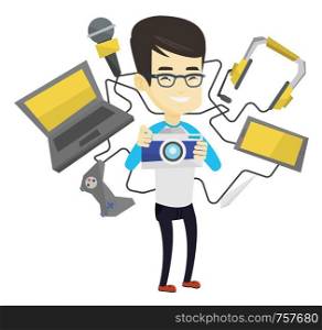 Asian man taking photo with digital camera. Man surrounded with gadgets. Man using many electronic gadgets. Guy addicted to modern gadgets. Vector flat design illustration isolated on white background. Young man surrounded with his gadgets.