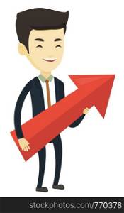 Asian man thinking about the strategy of business growth. Man holding big arrow representing business growth. Business growth concept. Vector flat design illustration isolated on white background.. Businessman aiming at business growth.