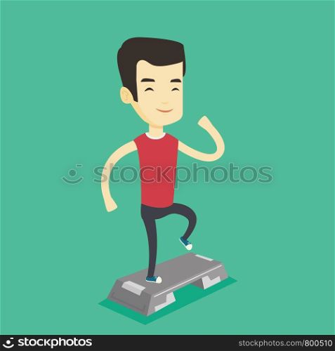 Asian man training with stepper in the gym. Young man doing step exercises. Man working out with stepper in the gym. Sportsman standing on stepper. Vector flat design illustration. Square layout.. Man exercising on stepper vector illustration.