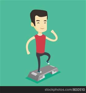 Asian man training with stepper in the gym. Young man doing step exercises. Man working out with stepper in the gym. Sportsman standing on stepper. Vector flat design illustration. Square layout.. Man exercising on stepper vector illustration.