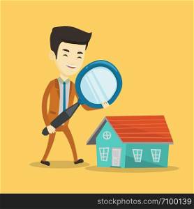 Asian man using a magnifying glass for looking for a new house. Young man with a magnifying glass checking a house. Man analyzing house with loupe. Vector flat design illustration. Square layout.. Man looking for house vector illustration.