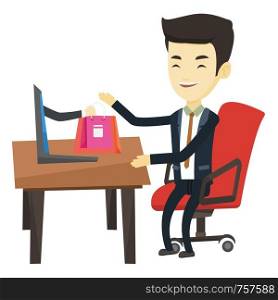 Asian man using laptop for online shopping. Young happy man shopping online at home. Smiling man making online order in virtual shop. Vector flat design illustration isolated on white background.. Man shopping online vector illustration.
